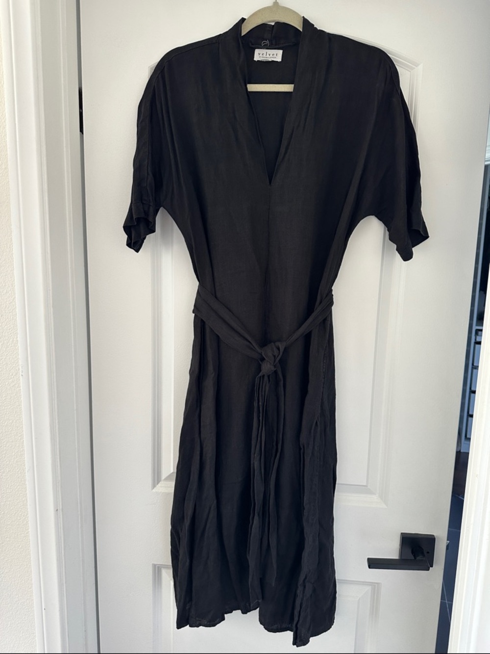 Velvet Black Midi Dress with Tie Waist